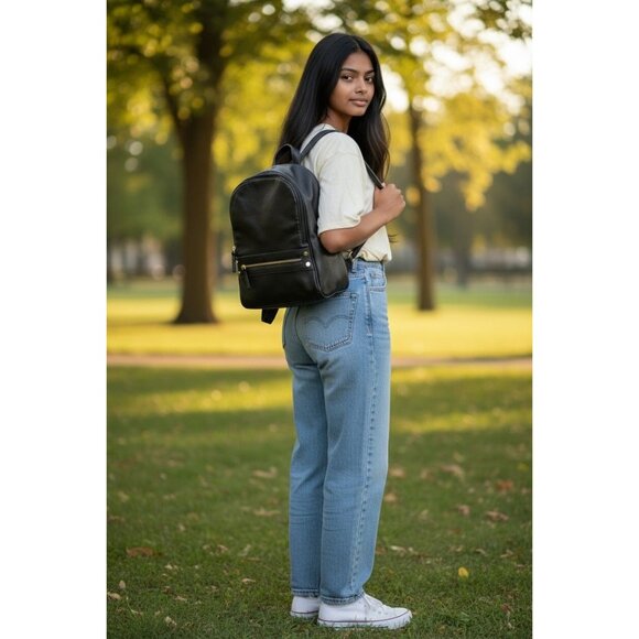 Black Faux Leather Backpack With Gold Hardware Zipper Pockets & Adjustable Strap - Picture 2 of 14